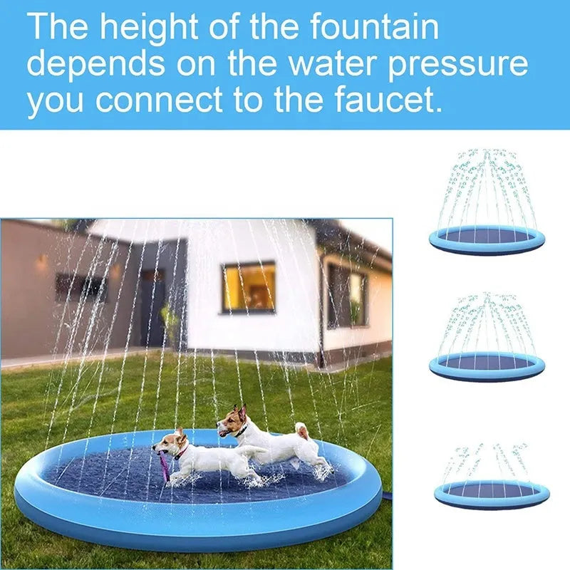 Inflatable blue dog splash pool mat with anti-slip texture, shown in a garden with a dog playing