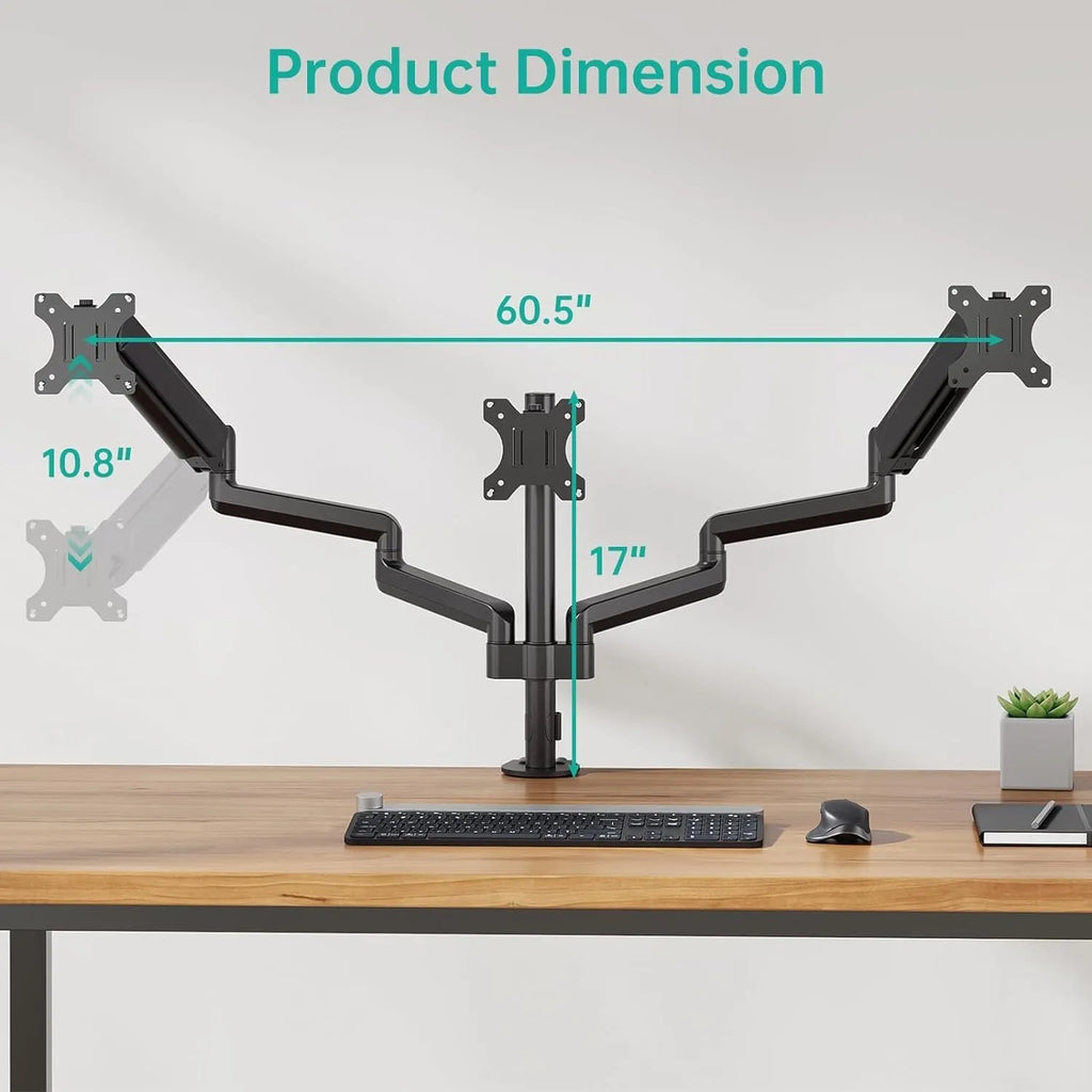Black triple monitor gas spring arm for 13-27 inch screens with aluminium alloy construction