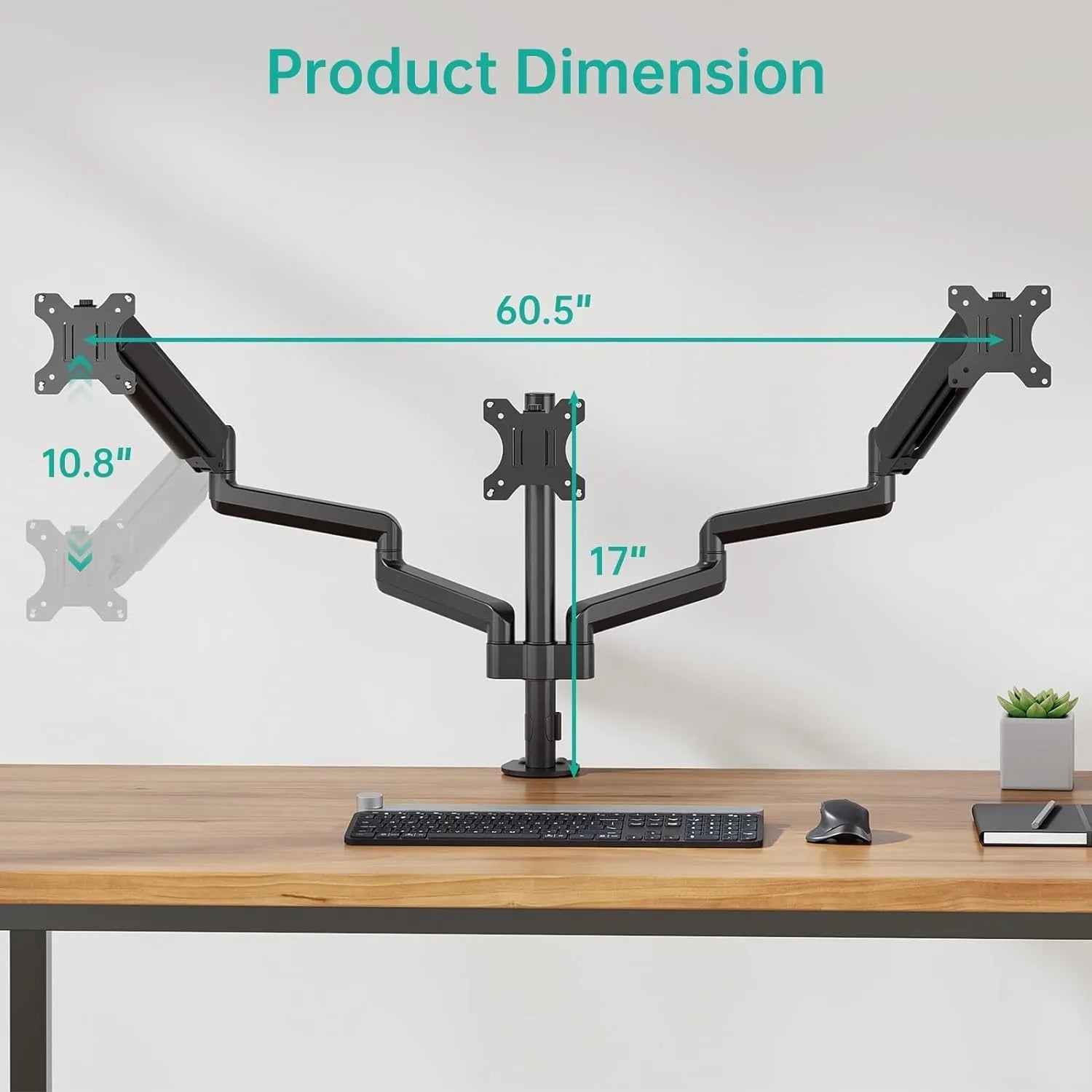 Black triple monitor gas spring arm for 13-27 inch screens with aluminium alloy construction