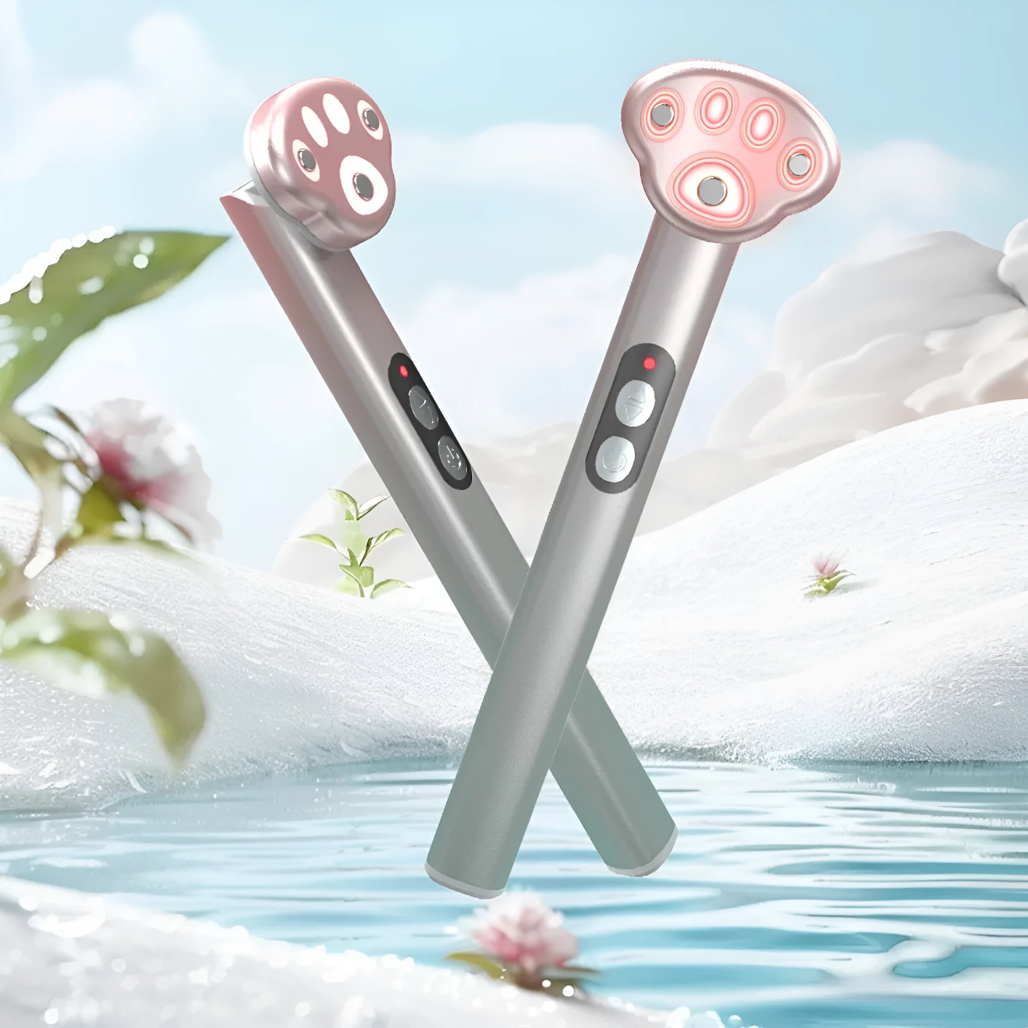 Gradient pink cat's paw shaped eye massager with micro-current technology and charging cable
