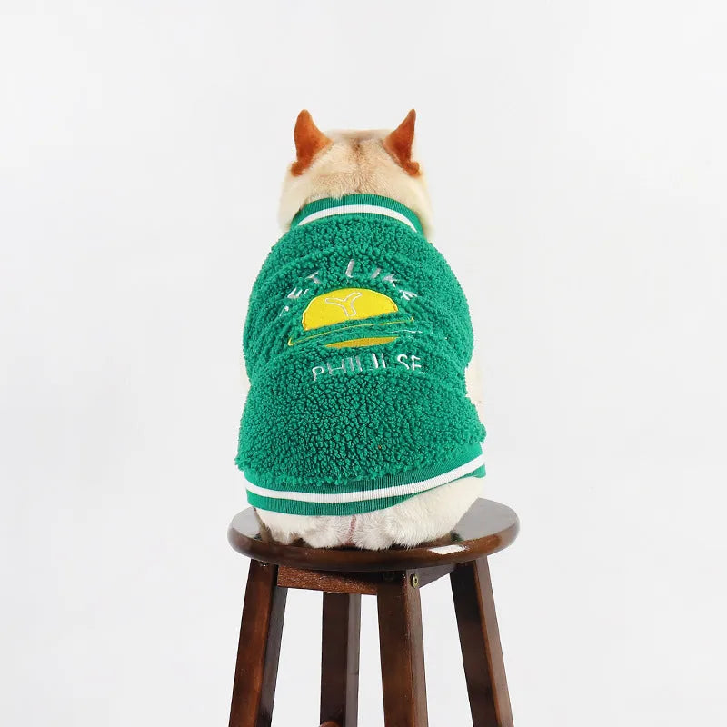 Green fleece-lined cotton dog winter coat showing front view on mannequin
