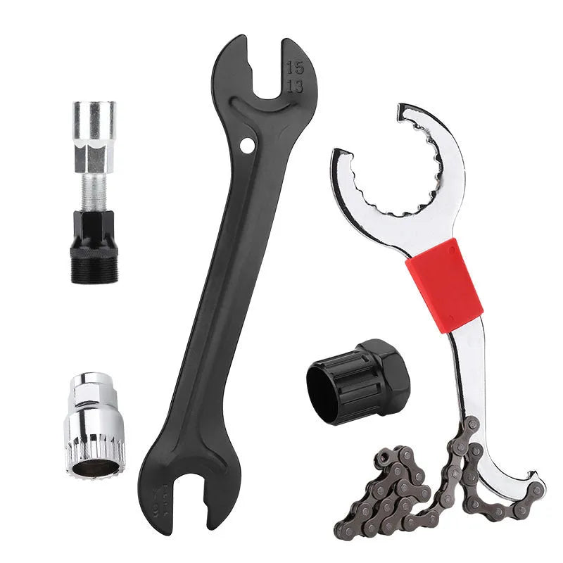 Iron bicycle repair tool set with chain cutting device and central shaft puller for mountain bike maintenance