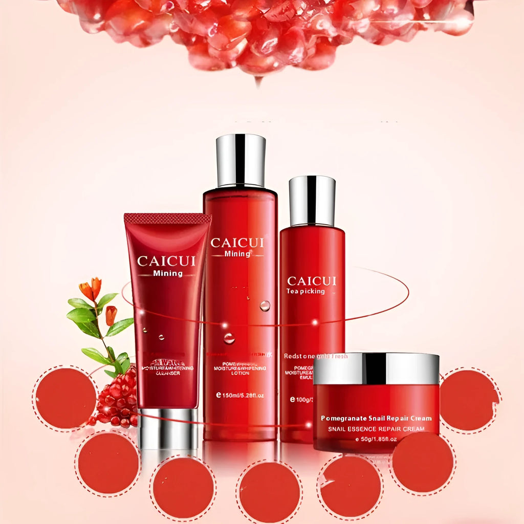 Red packaged pomegranate skincare set containing face wash, toner, lotion and facial cream bottles