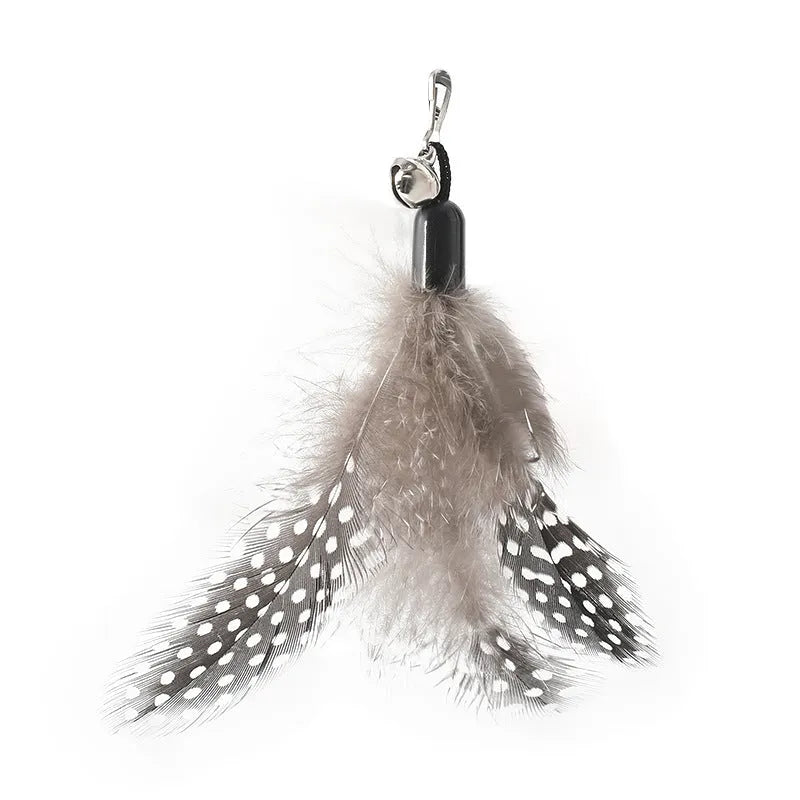 Close-up of a feather and bell replacement head for a spring cat teasing stick toy.