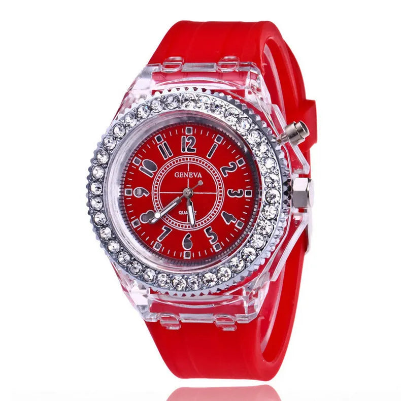 Women's LED luminous watch with round 43mm dial and silicone bracelet in multiple colour options