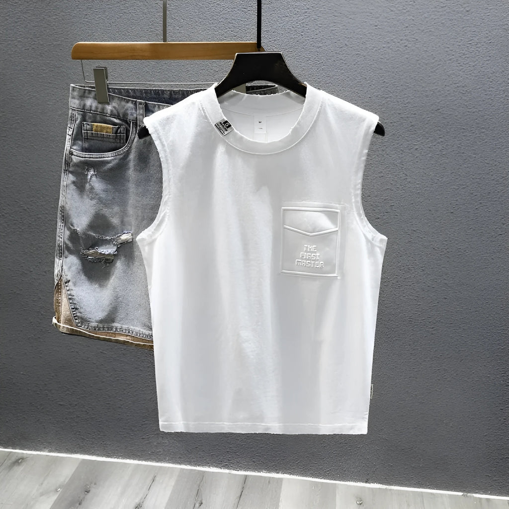 A solid colour loose-fitting cotton sleeveless T-shirt with a straight hem, shown in white.
