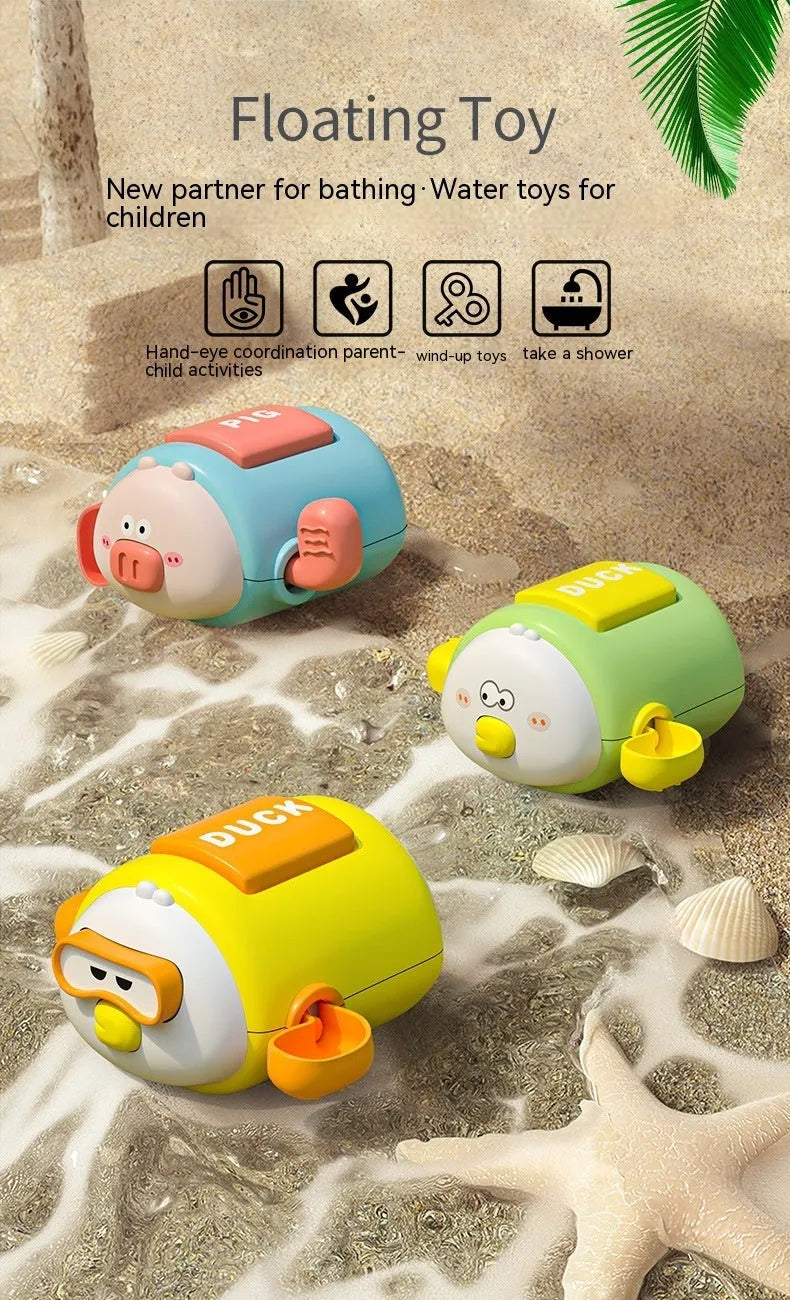 Children's clockwork bath toy, cartoon wind-up water toy, plastic, 8.2 x 9.4 x 5cm, blue pig yellow duck green duck