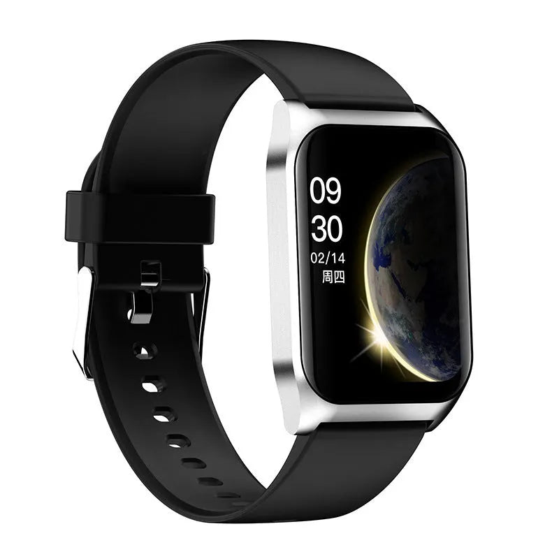 Black smart watch with 1.69-inch screen on a silicone strap, showing heart rate and call icons