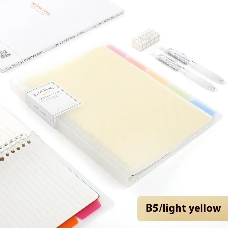 Refillable loose-leaf spiral notebook in B5 size with a pastel blue PP cover and lined pages.