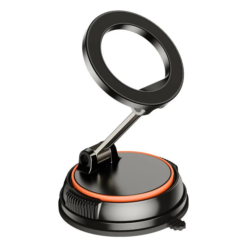 Foldable adjustable magnetic metal car phone holder for dashboard, black orange colour, X70 model, folded view showing compact size