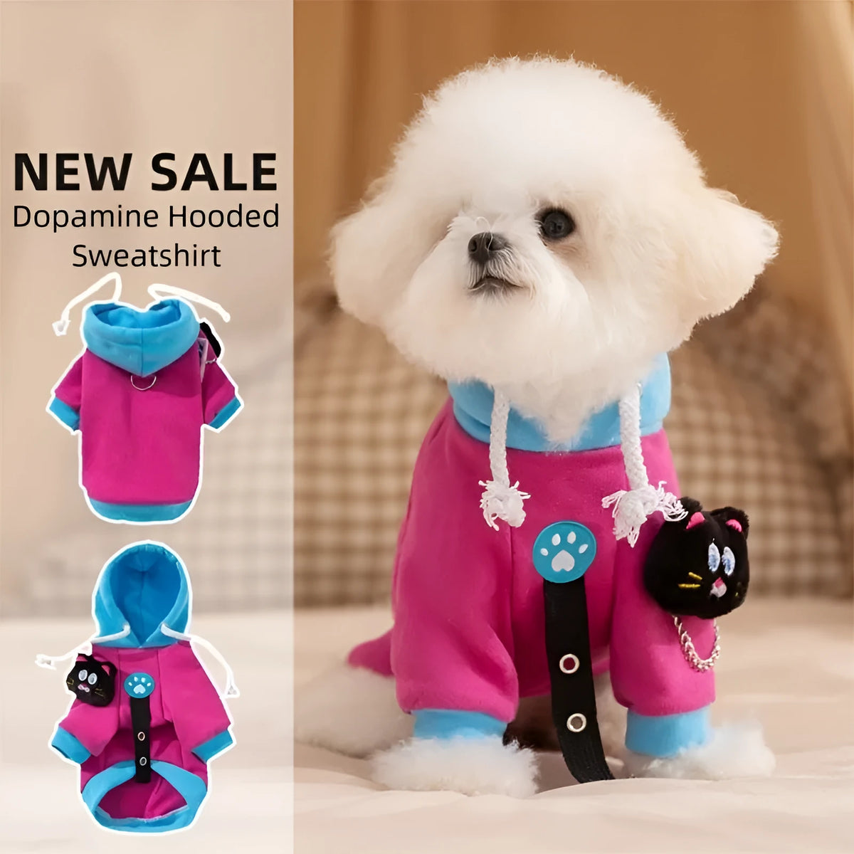 Purple colour-block dog hoodie with drawstring hood, cat plush necklace and belt loops, sizes XS to XL