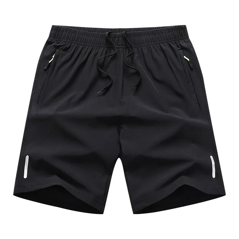 Men's polyester solid colour beach casual sports shorts with zippered pocket in black, gray, and blue