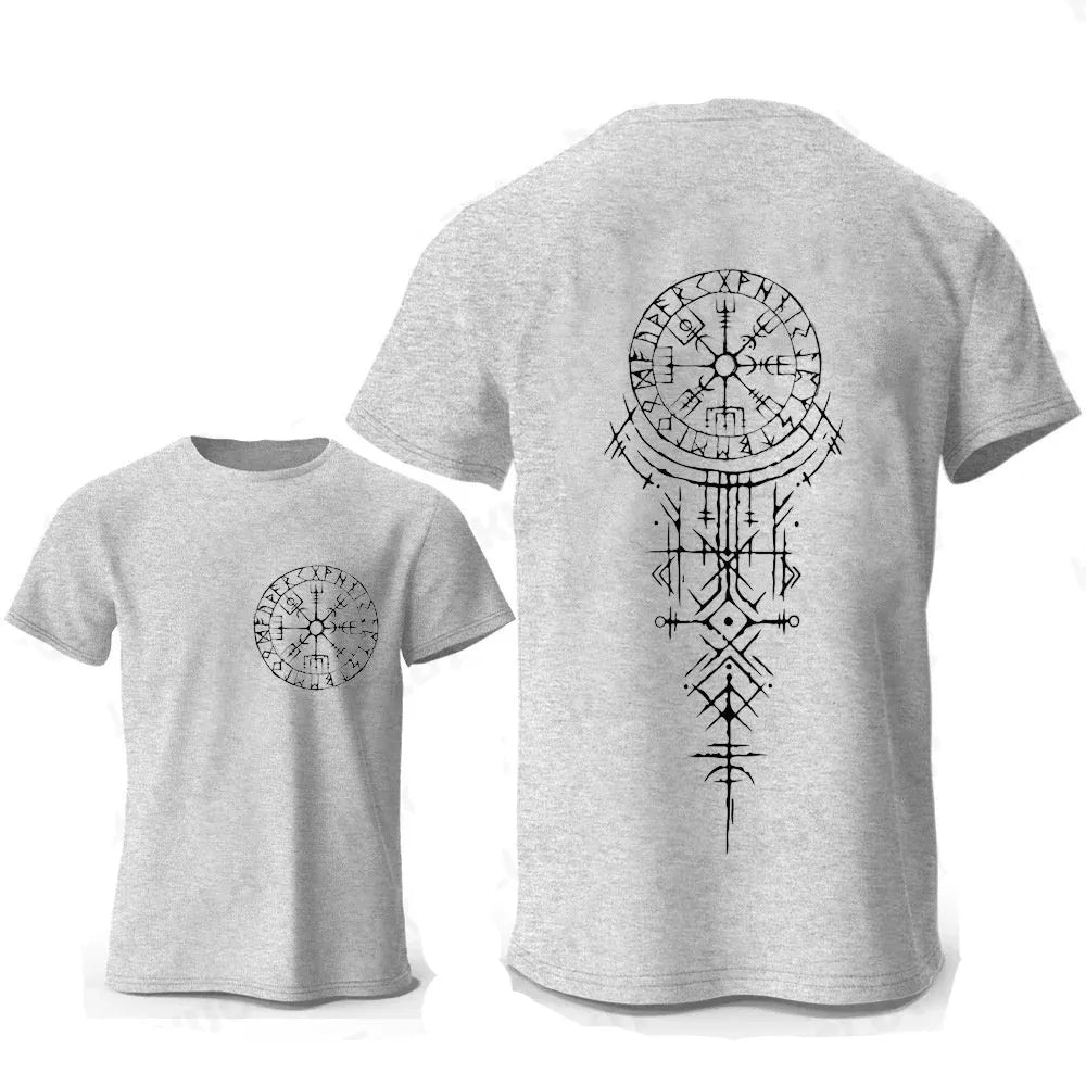 Close-up of a men's grey T-shirt featuring a detailed Viking rune compass graphic print on the chest.