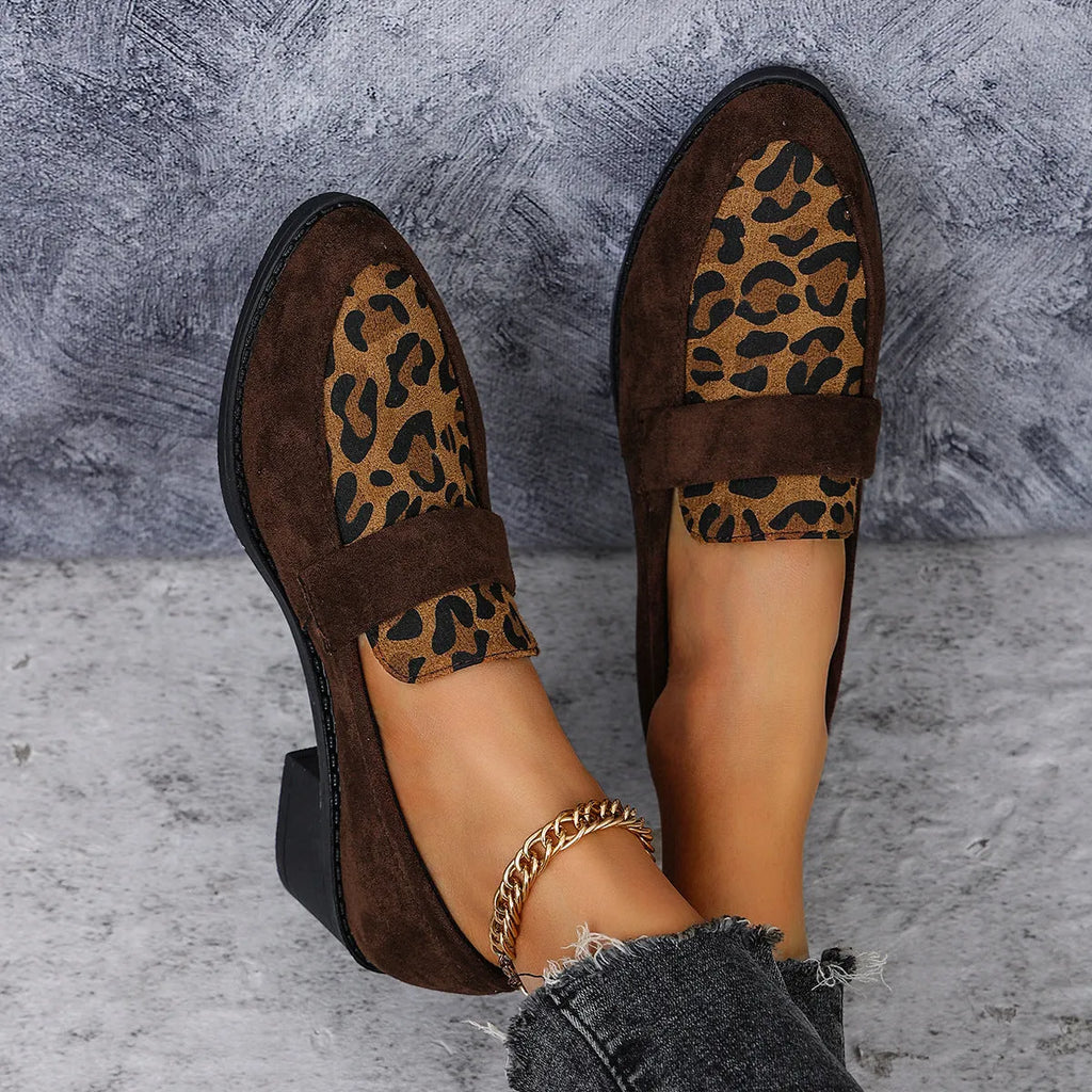 Leopard print slip-on suede pumps with chunky mid heel and pointed toe in pink colour