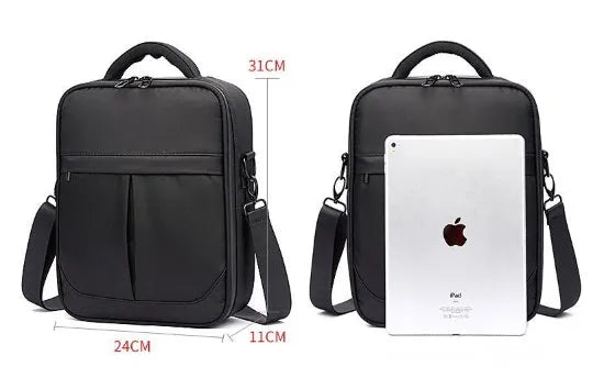 Black Oxford fabric men's messenger shoulder bag showing dimensions and texture