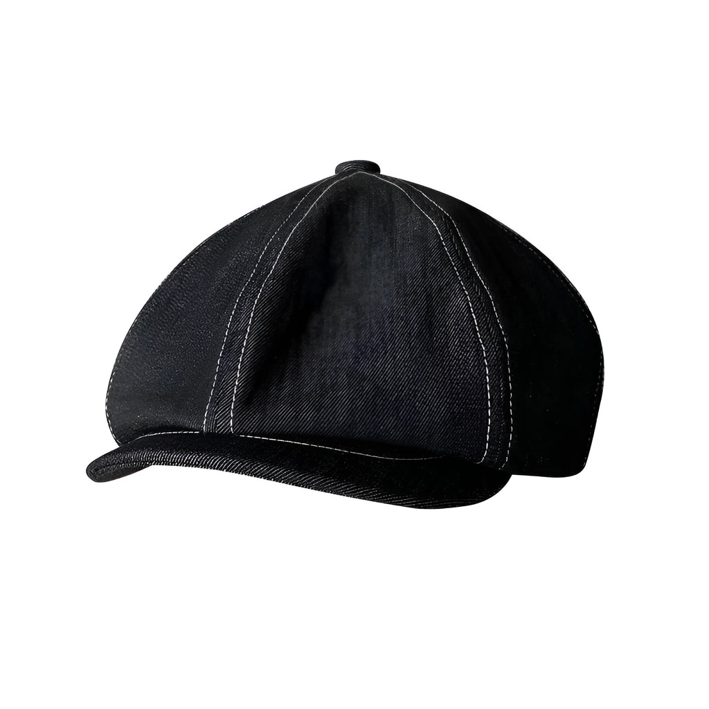 Black Japanese denim cotton beret hat shown on adult head