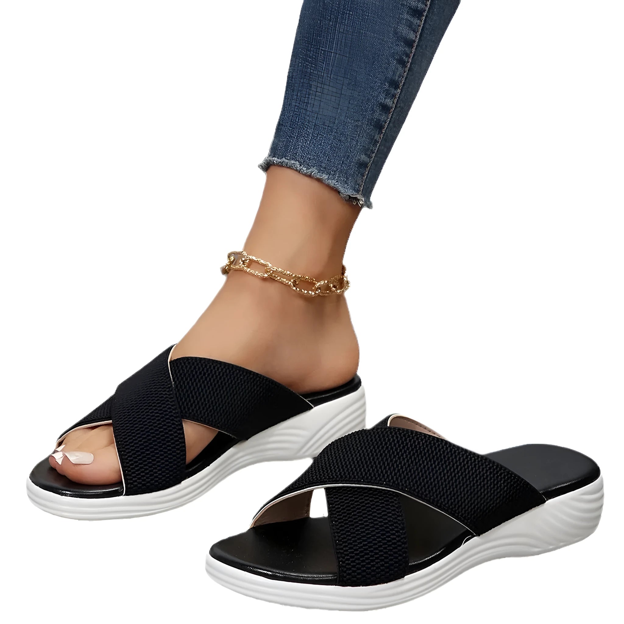 Black romantic style women's wedge slippers with cross strap and thick rubber sole
