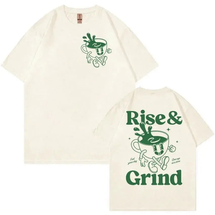 Men's loose fit linen T-shirt with green coffee cartoon design in multiple colour options