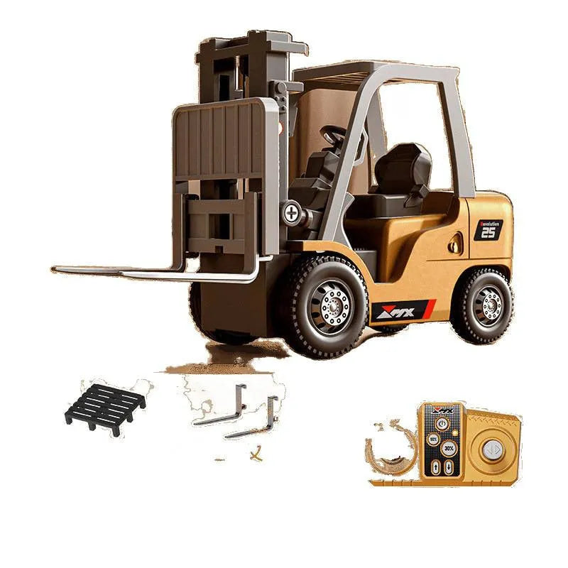 1:64 scale die-cast alloy remote control forklift with cargo accessories on display