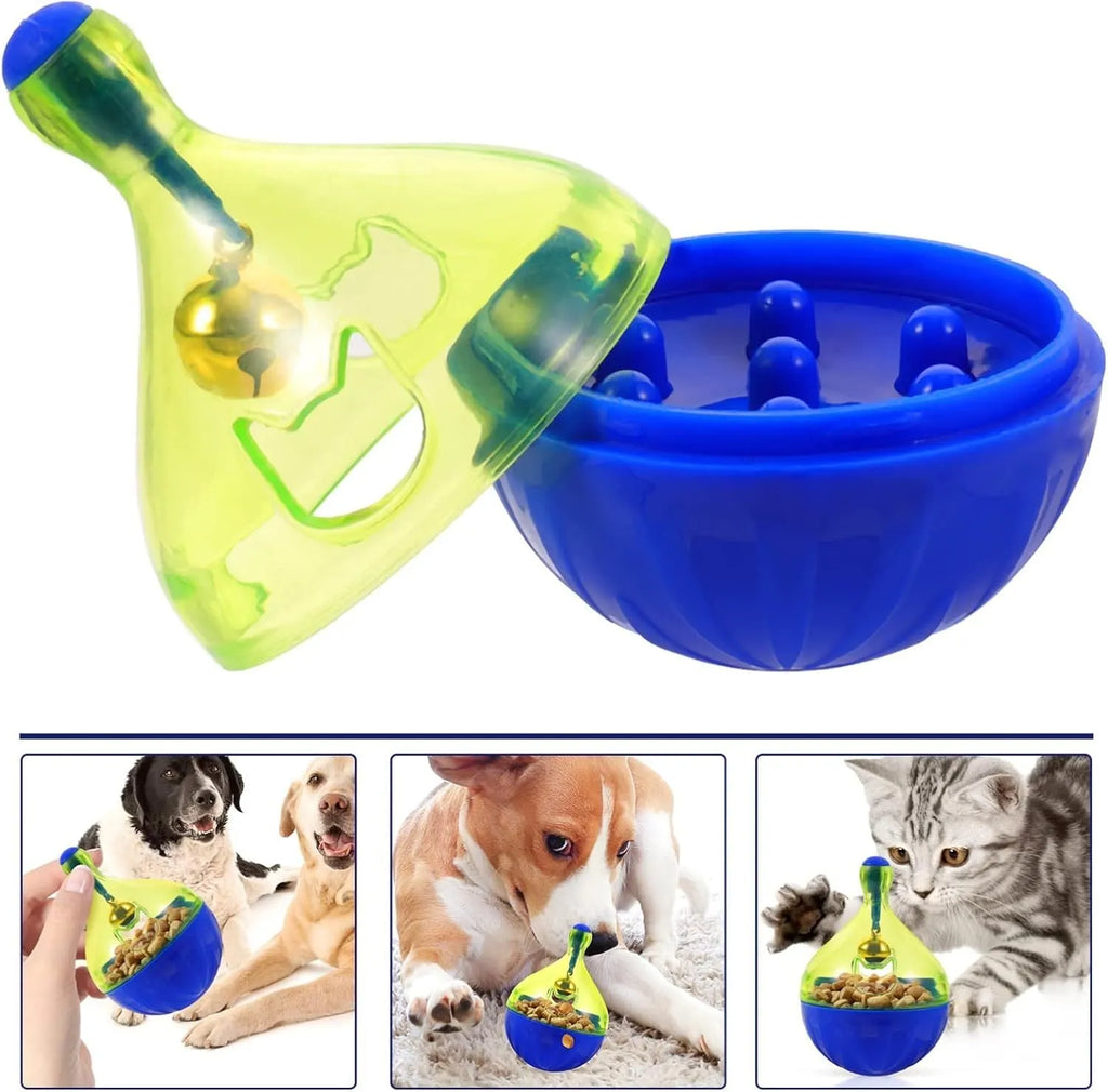 Blue and white tumbler-shaped pet treat dispenser toy on a wooden floor.