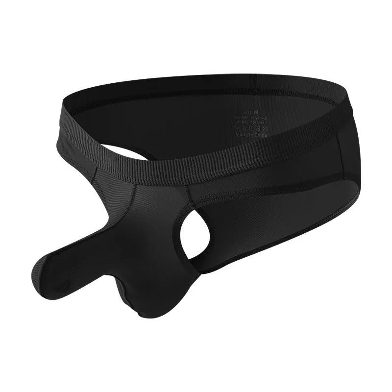 Men's black low-waist Ice Silk briefs underwear on a plain background
