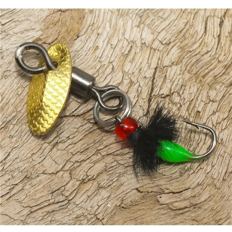 Five bionic poisonous mosquito fishing hooks with spinning sequins in multicolour patterns