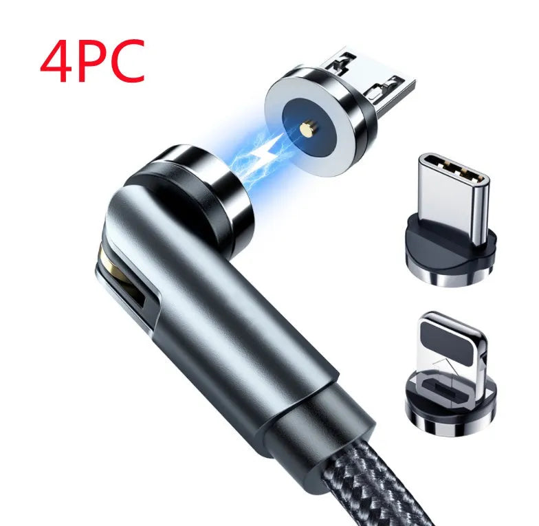 Essager black magnetic USB cable with 360-degree rotating head and blue LED light, shown with Micro USB, Lightning, and Type C tips.