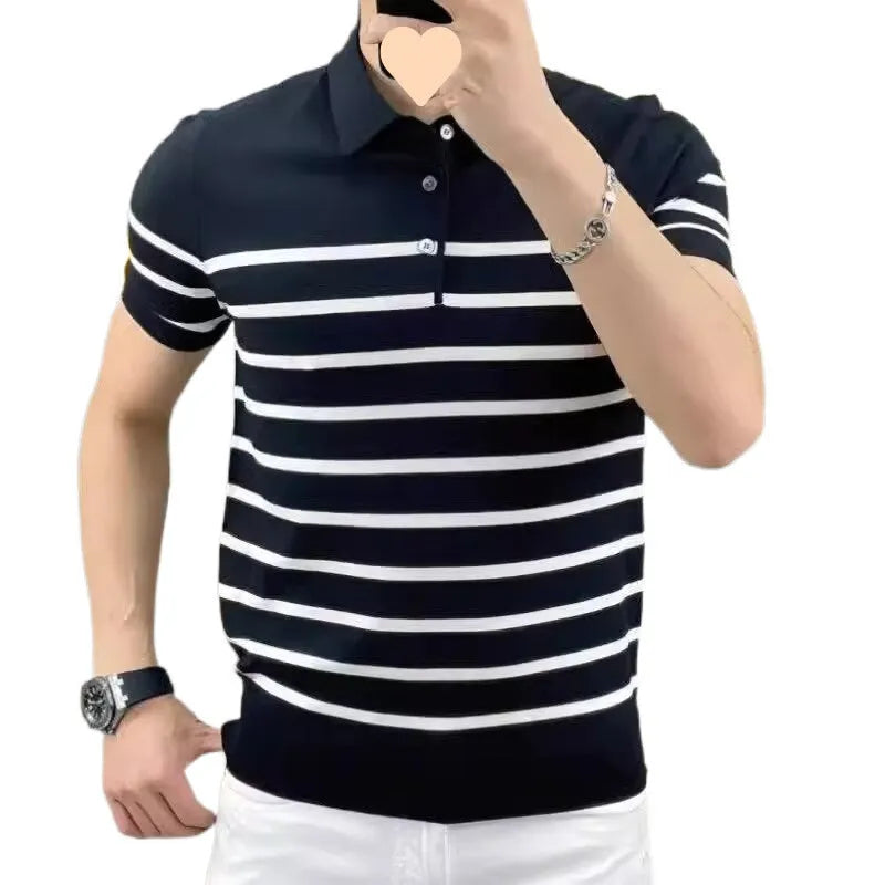 Black and white striped knitted T-shirt with distinctive lapel collar