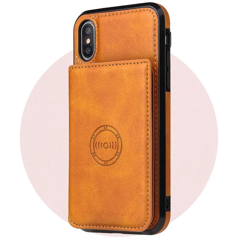 Imitation leather card wallet phone case for iPhone in solid colours like black and blue, showing card slot.