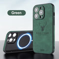 iPhone 16 magnetic charging case with embossed moose head design in imitation leather, shown in multiple colours.