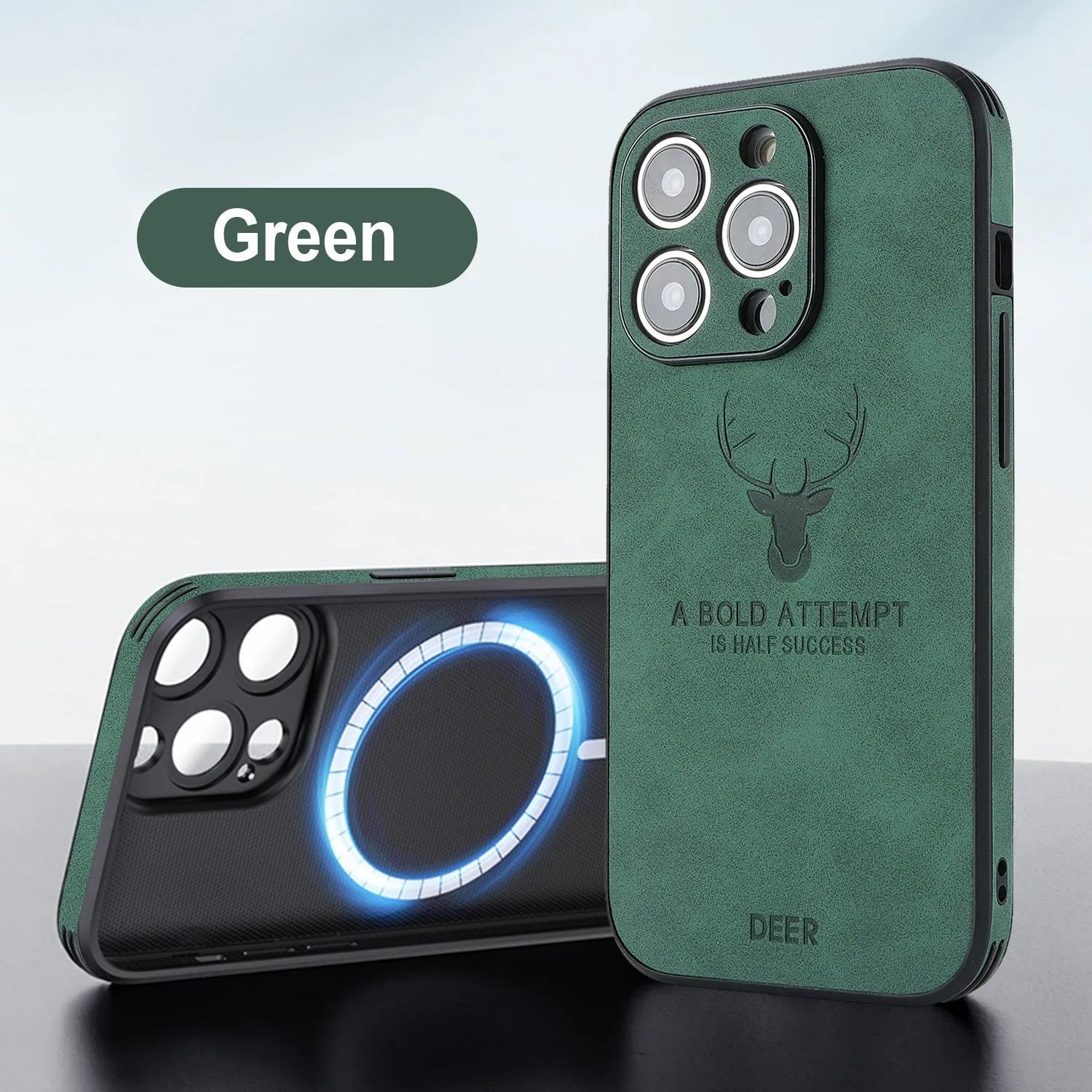 iPhone 16 magnetic charging case with embossed moose head design in imitation leather, shown in multiple colours.