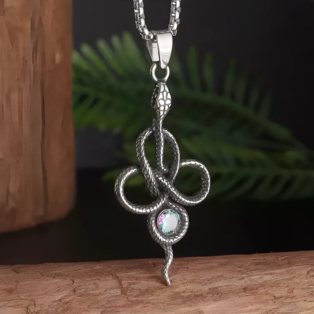 Vintage snakelike winding alloy pendant necklace with inlaid jewel on a pearl chain, 51-60cm perimeter