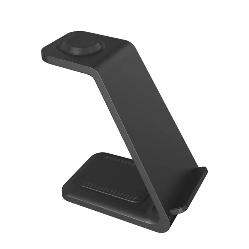 White 3-in-1 upright mobile phone stand with dual-coil wireless charger on a desk.