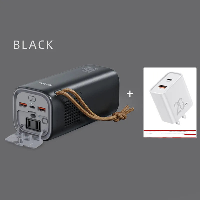 Black emergency power bank with 200W output, solar panel charging capability, and dimensions of 70x70x162mm
