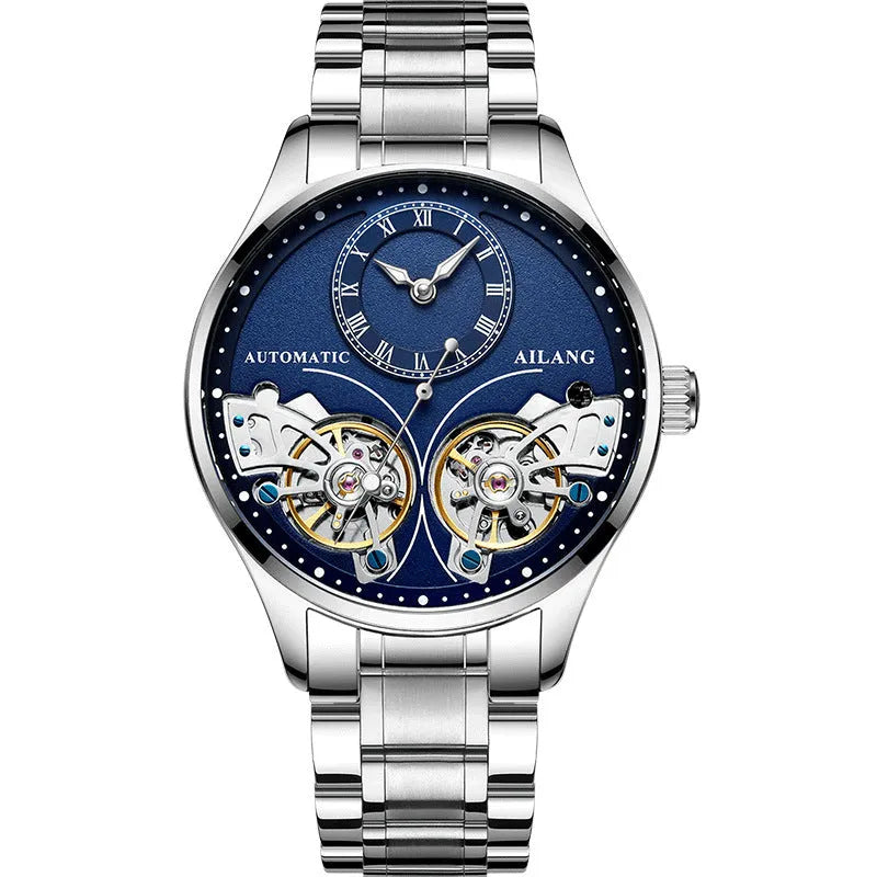 Men's automatic watch with tourbillon, moon phase, black steel case, and transparent back showing Seiko movement.