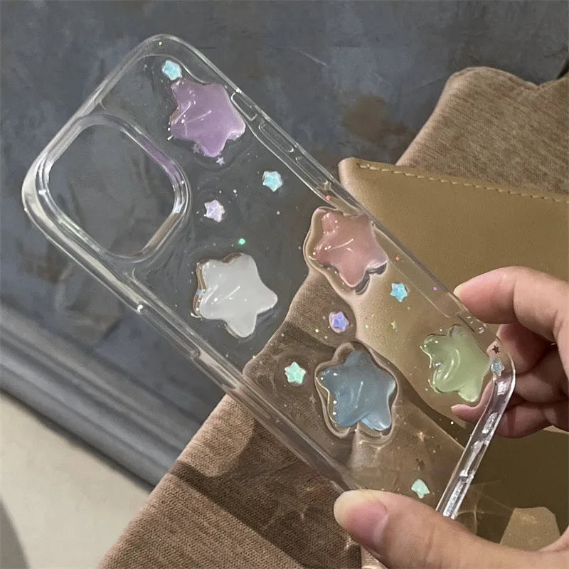Three-dimensional five-pointed star glitter epoxy phone case for iPhone 15 Pro