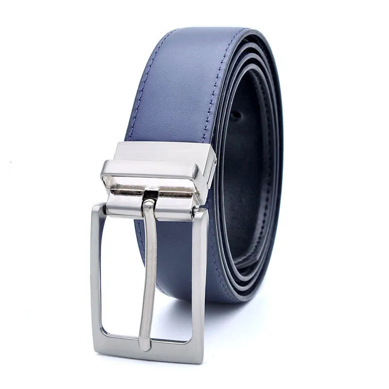 Men's brown and black genuine leather belt with a silver rotating pin buckle on a dark background.