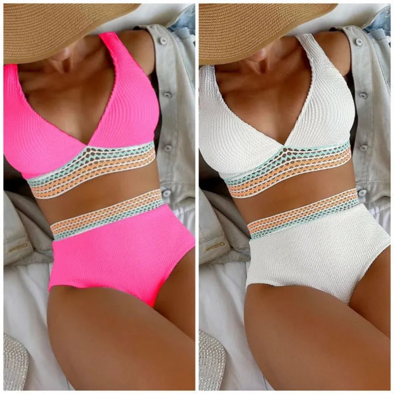 Women's high waist solid colour bikini set in white or pink, made from nylon fabric.