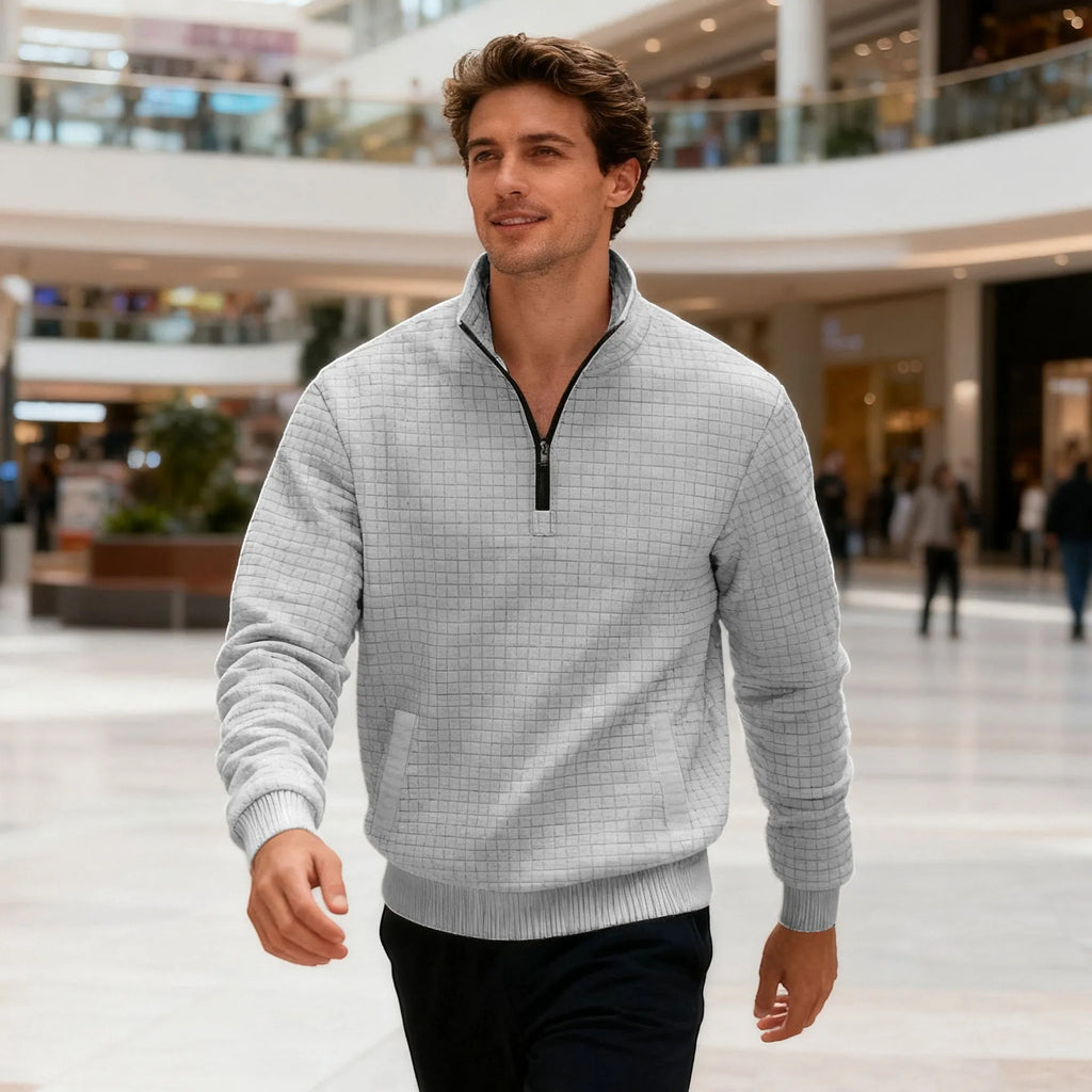 Men's grey stand-up collar long sleeve jacquard small check sweatshirt with side seam pockets