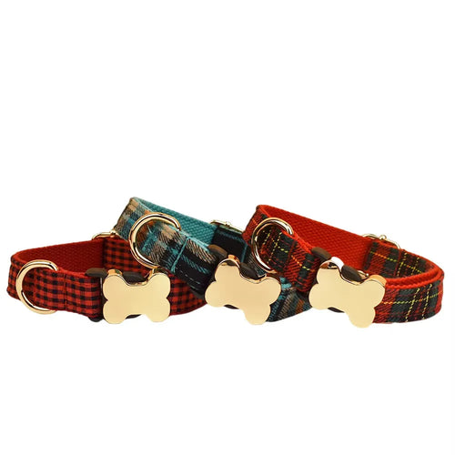 Nylon dog collar with grid pattern and bone-shaped buckle in multiple colour options