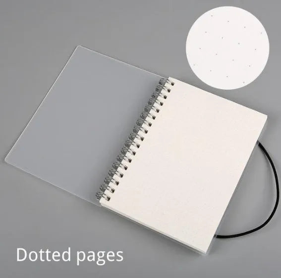 Plastic cover spiral coil notebook with transparent PVC cover and elastic rope, A5 size, cream paper pages visible