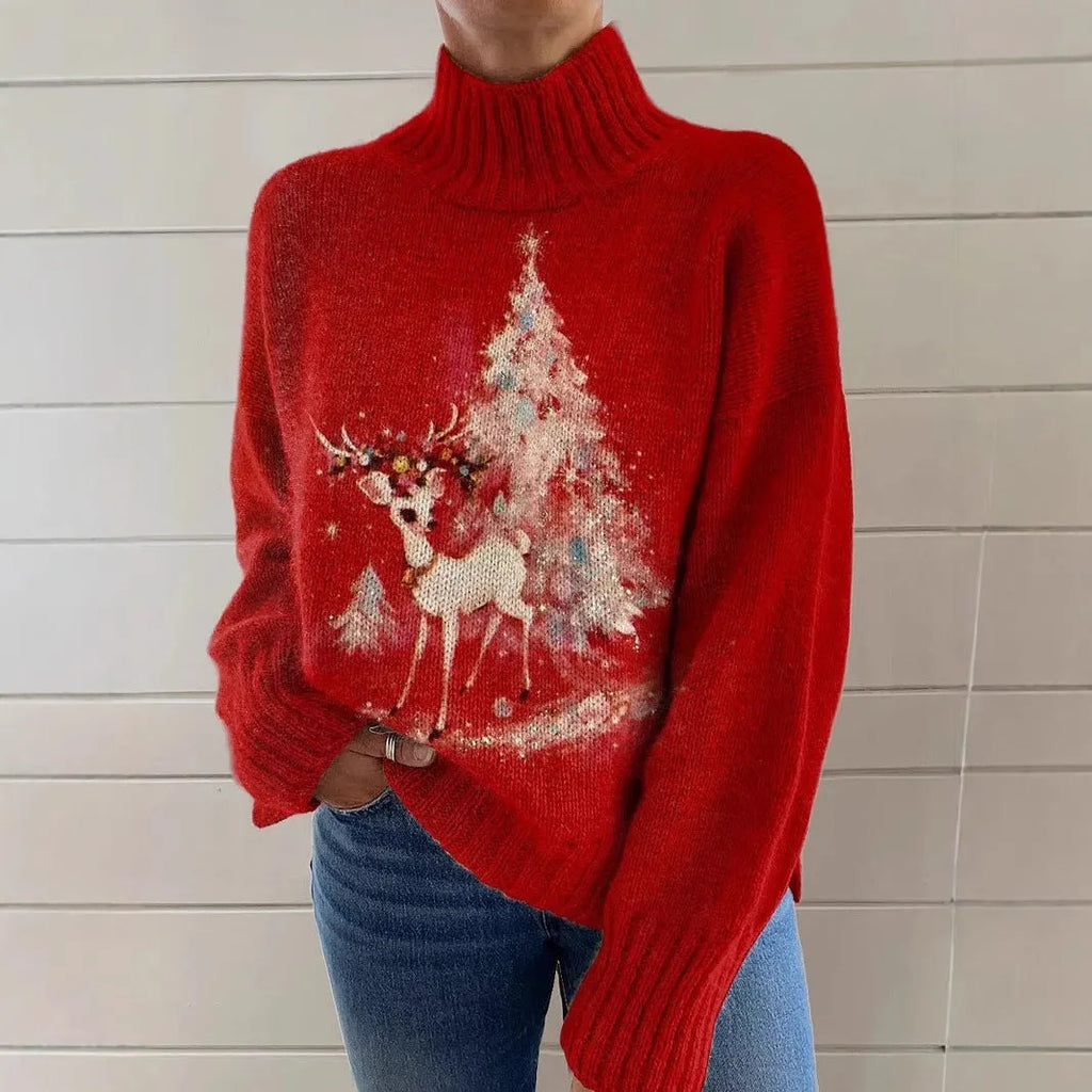 Women's loose-fit Christmas turtleneck sweater with a printed painting pattern in a macaron colour.