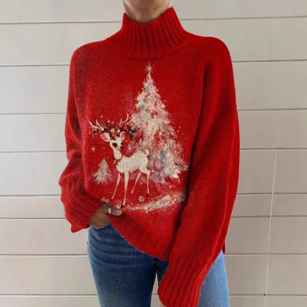 Women's loose-fit Christmas turtleneck sweater with a printed painting pattern in a macaron colour.