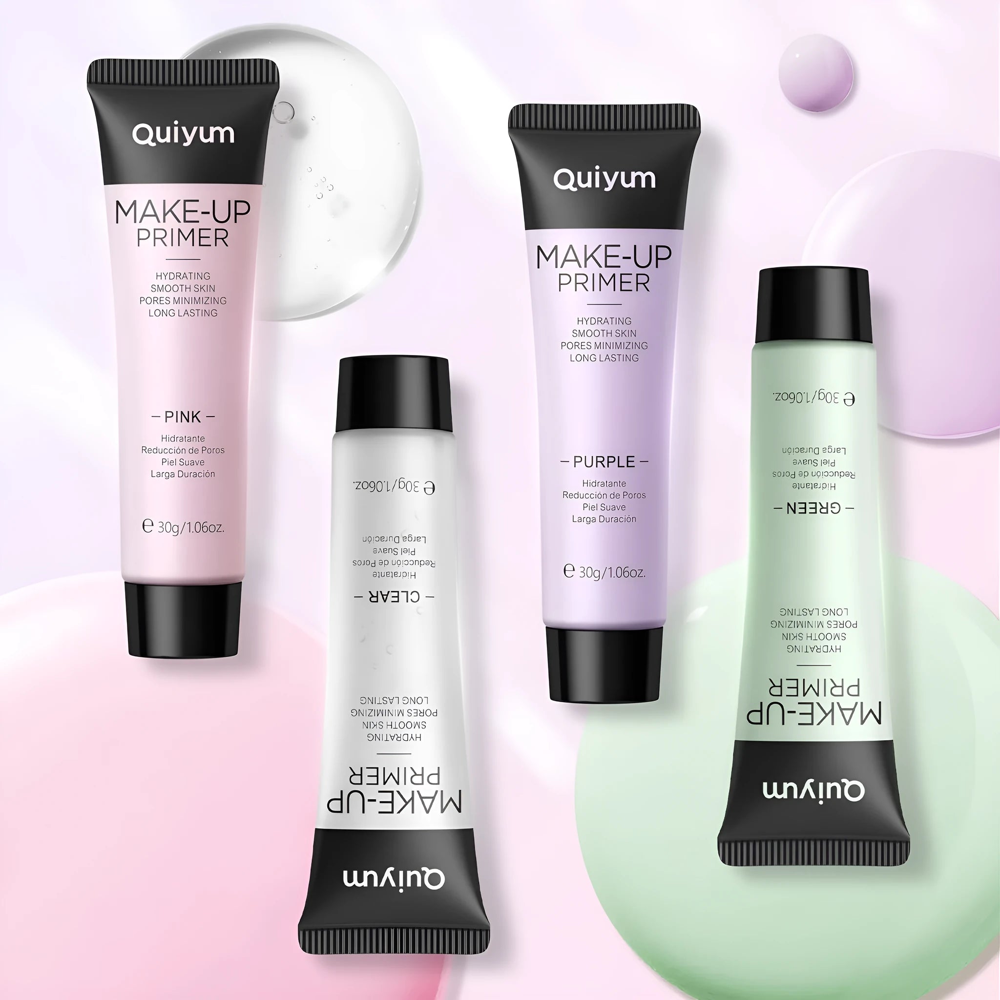 30g moisturising makeup primer tube with colour options: green, pink, and purple.