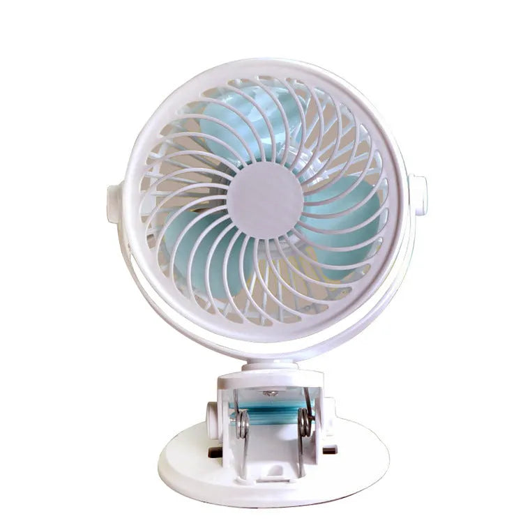 Small white USB desktop fan shown as a clip-on model and a floor-standing model on a wooden desk.