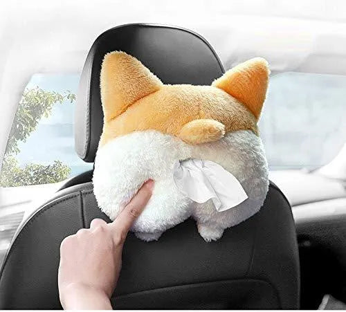 Soft yellow corgi butt-shaped tissue box cover with elastic strap for car sun visor.