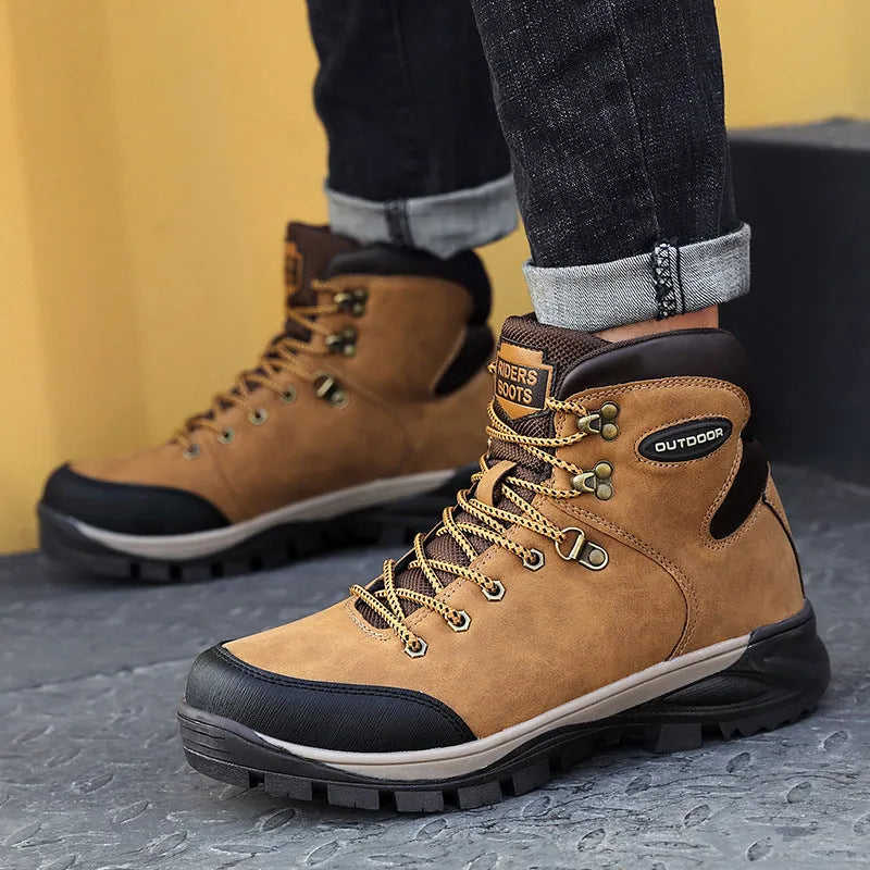 Men's high-top winter cotton boots with cowhide upper and plus velvet lining, in black, brown, or yellow