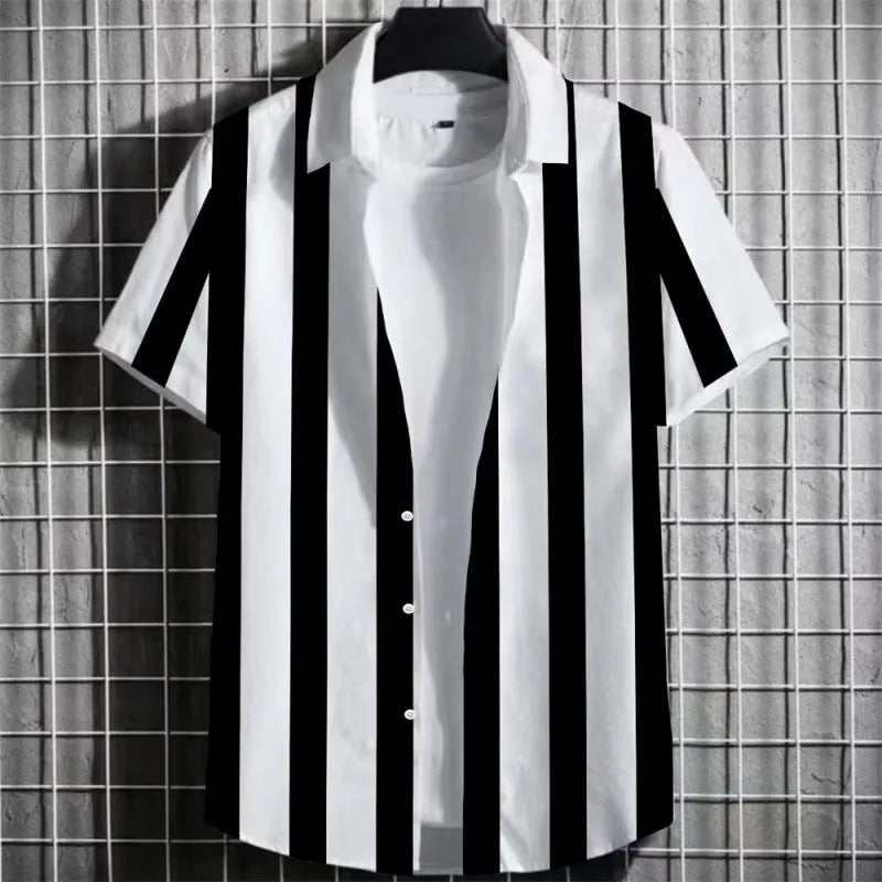 A linen men's striped short sleeve T-shirt with a 3D printed graphic, shown on a hanger.