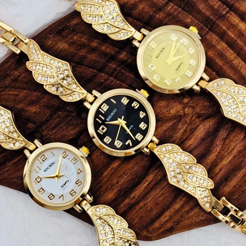Women's stainless steel watch with round dial, available in gold, golden white, or golden black surface options