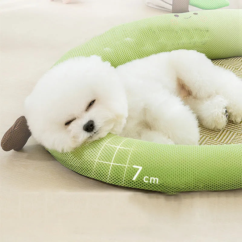 Green fruit-shaped pet nest mat with raised backrest for a cat or small dog.